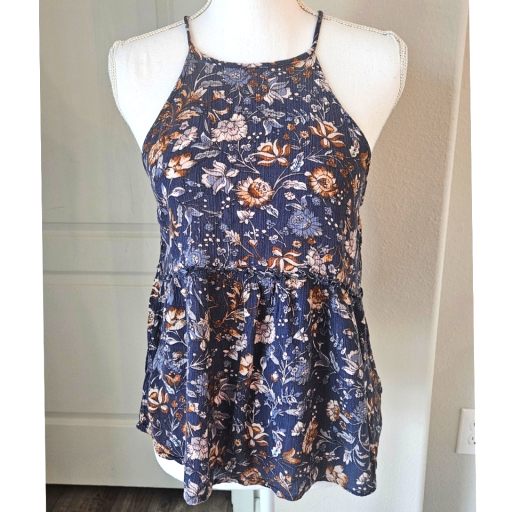 2010s American Eagle Tan Floral Dark Blue Halter Blouse Size Small